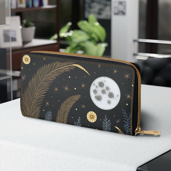Celestial Moon Zipper Wallet | Black Flower Midnight Themed Wallet Design - Picture 2 of 5